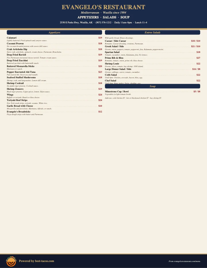 PDF menu of Evangelo's Trattoria in Wasilla, AK, page 1 of 1