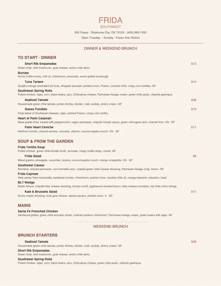 PDF menu of Frida Mexican Cuisine in West Hartford, CT, page 1 of 1