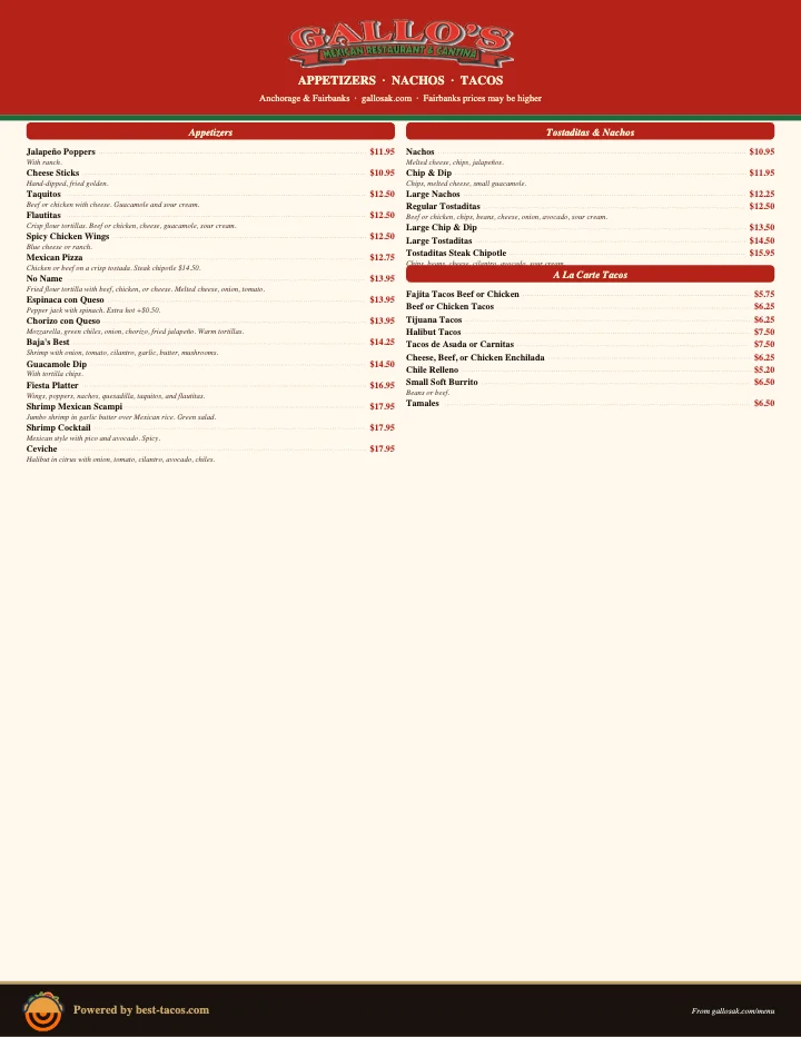 PDF menu of Gallo's Mexican Restaurant in Anchorage, AK, page 1 of 1