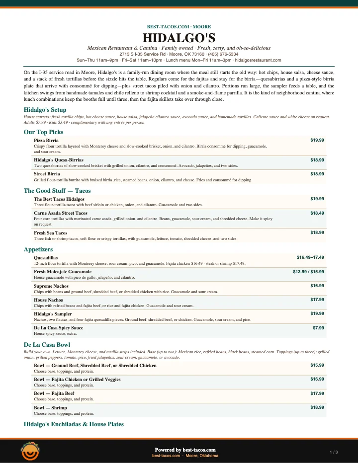 PDF menu of Hidalgo's Mexican Restaurant & Cantina — Moore in Moore, OK, page 1 of 1