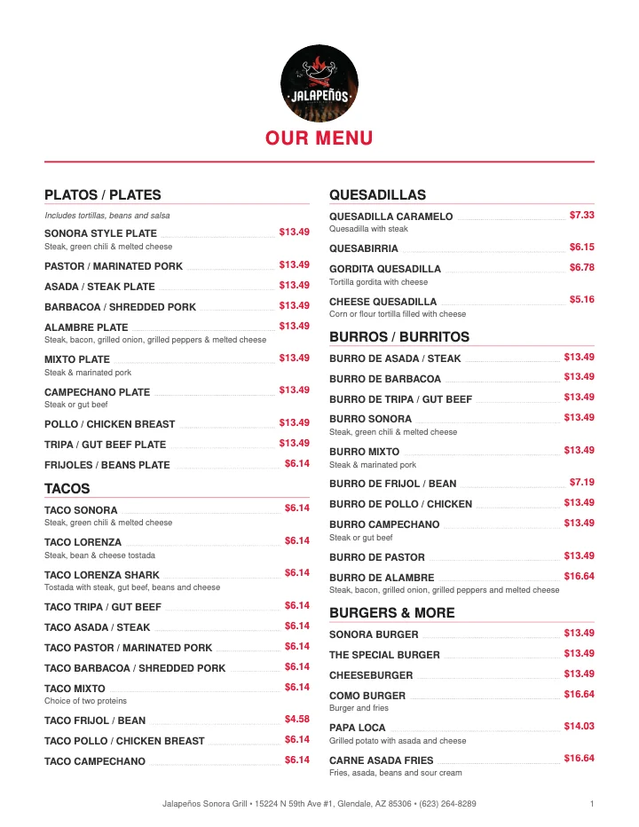 PDF menu of Jalapeños Sonora Grill in Glendale, AZ, page 1 of 1