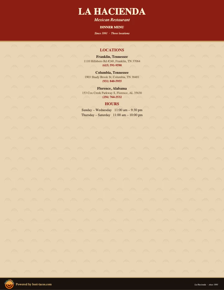 PDF menu of La Hacienda Mexican Restaurant in Florence, AL, page 1 of 1