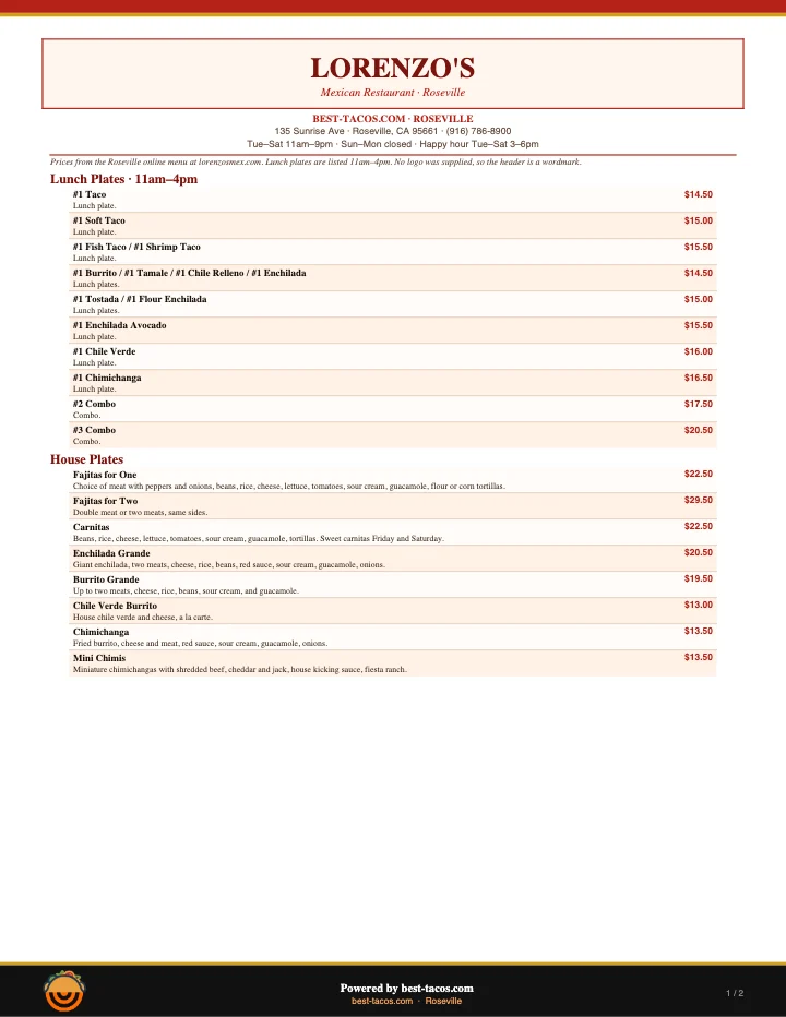 PDF menu of Lorenzo's Mexican Restaurant in Roseville, CA, page 1 of 1