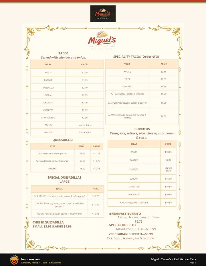 PDF menu of Miguel's Taqueria in Fort Smith, AR, page 1 of 1