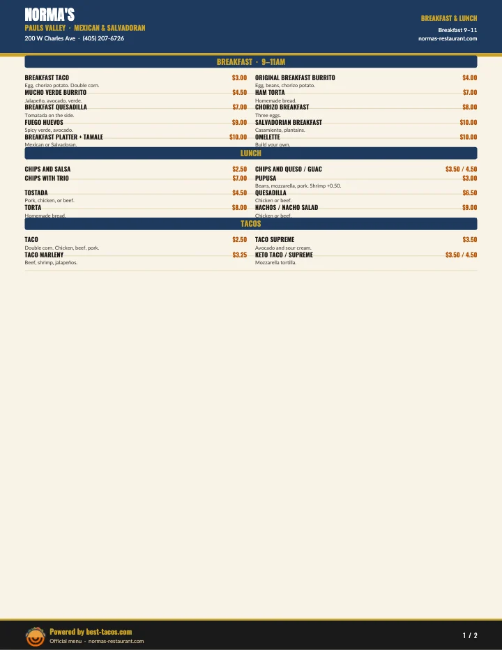 PDF menu of Norma's Restaurant in Pauls Valley, OK, page 1 of 1