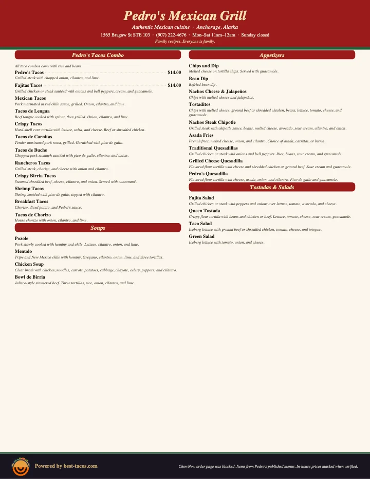 PDF menu of Pedro's Mexican Grill in Anchorage, AK, page 1 of 1