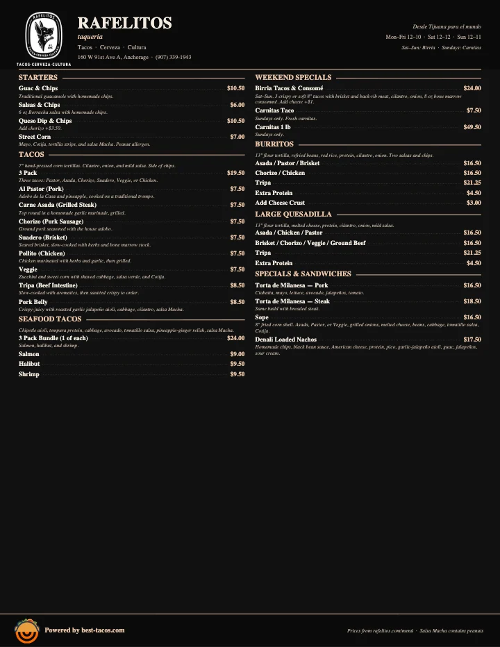 PDF menu of Rafelitos Taqueria in Anchorage, AK, page 1 of 1