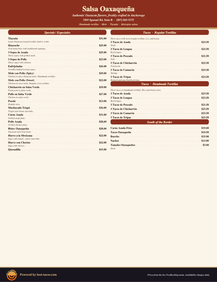 PDF menu of Salsa Oaxaqueña in Anchorage, AK, page 1 of 1