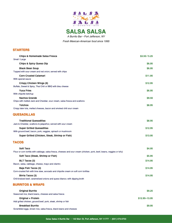 PDF menu of Salsa Salsa in Port Jefferson, NY, page 1 of 1