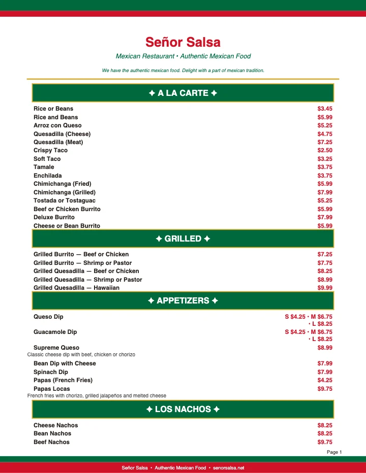 PDF menu of Senor Salsa in Skiatook, OK, page 1 of 1