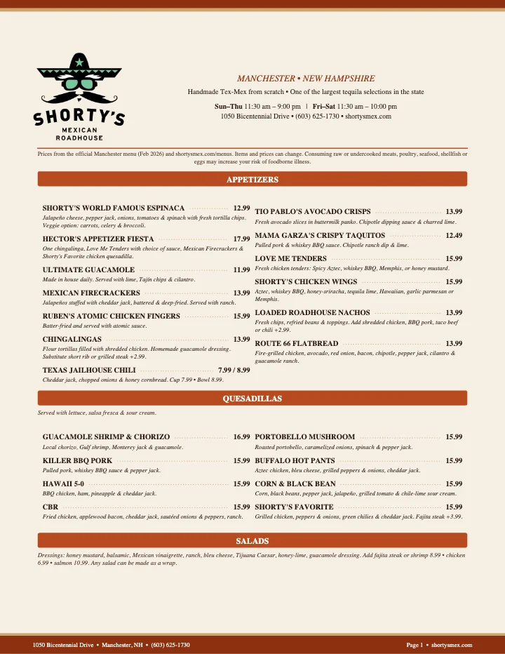 PDF menu of Shorty's Mexican Roadhouse in Manchester, NH, page 1 of 1