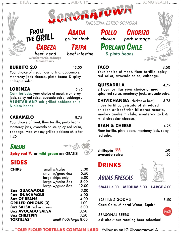 PDF menu of Sonoratown in Los Angeles, CA, page 1 of 1