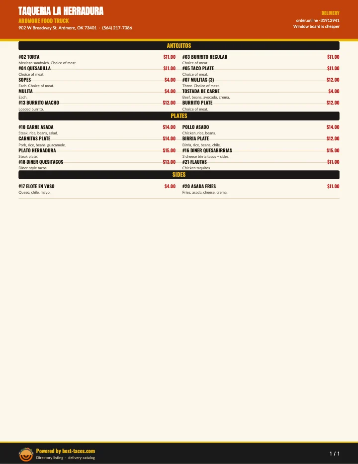 PDF menu of Taco Rico in Ardmore, OK, page 1 of 1