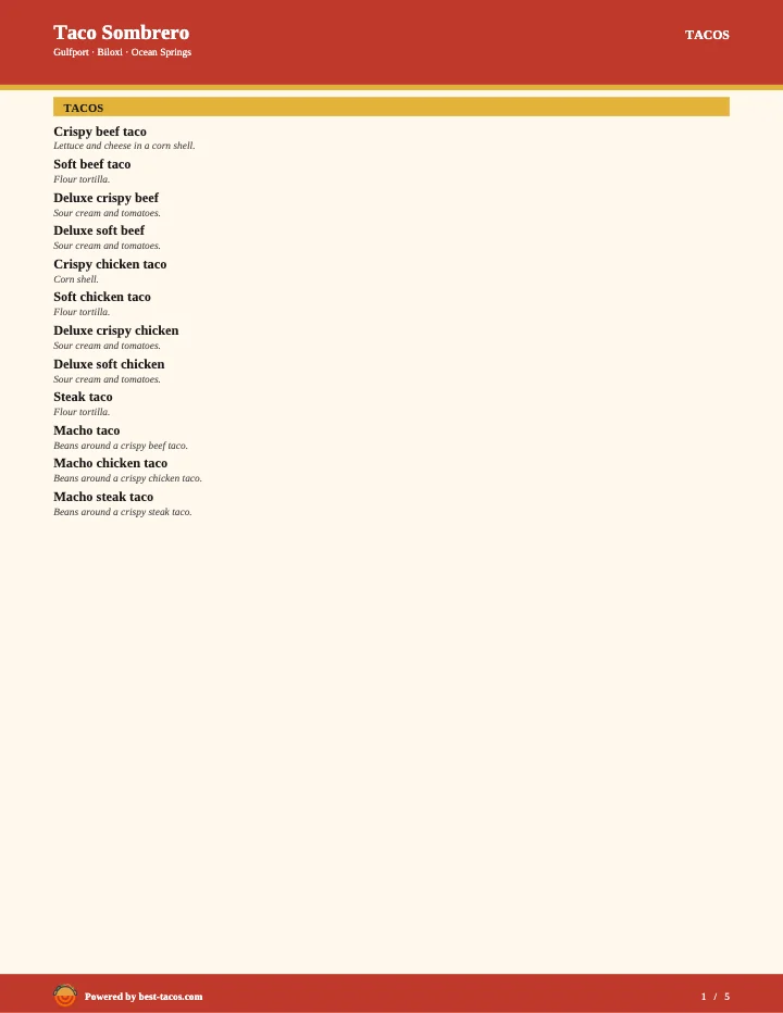 PDF menu of Taco Sombrero in Gulfport, MS, page 1 of 1