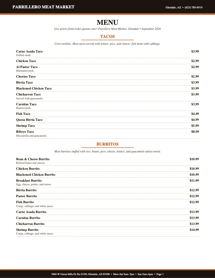 PDF menu of Tacos & Craft Peoria in Glendale, AZ, page 1 of 1