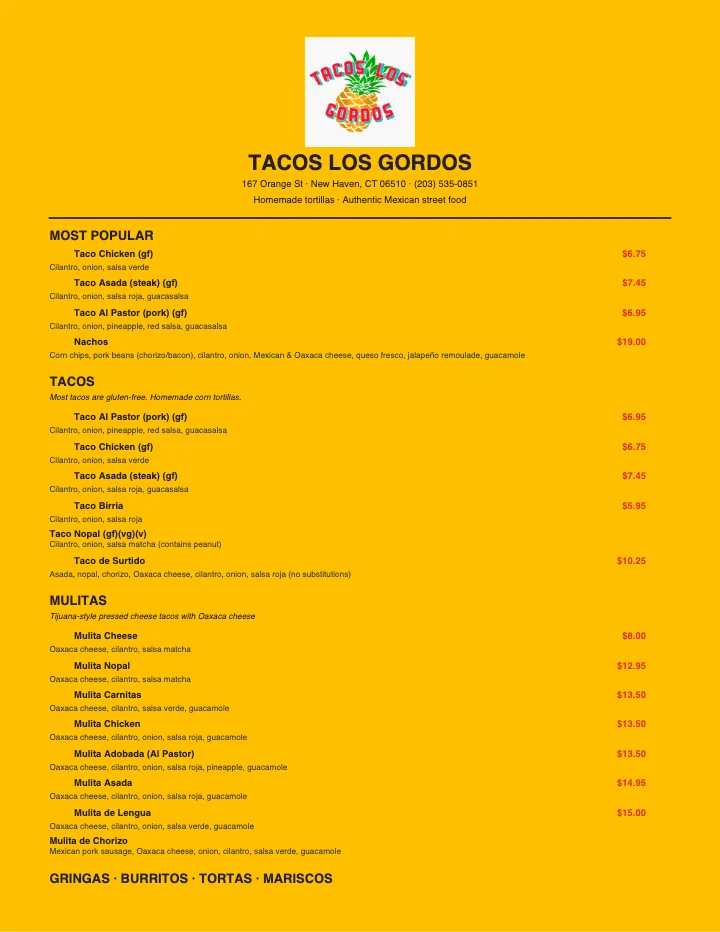 PDF menu of Tacos Los Gordos in New Haven, CT, page 1 of 1