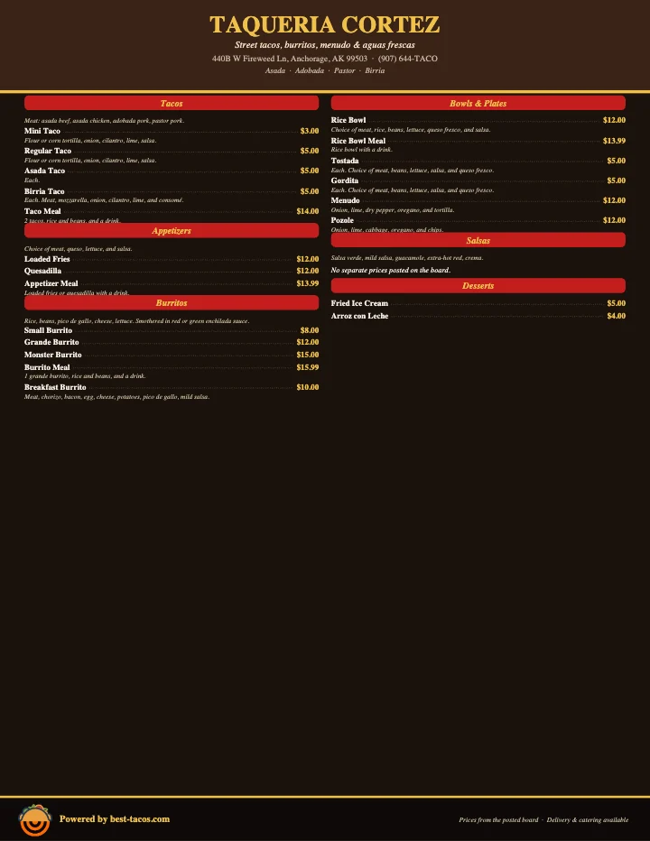 PDF menu of Taqueria Cortez in Anchorage, AK, page 1 of 1