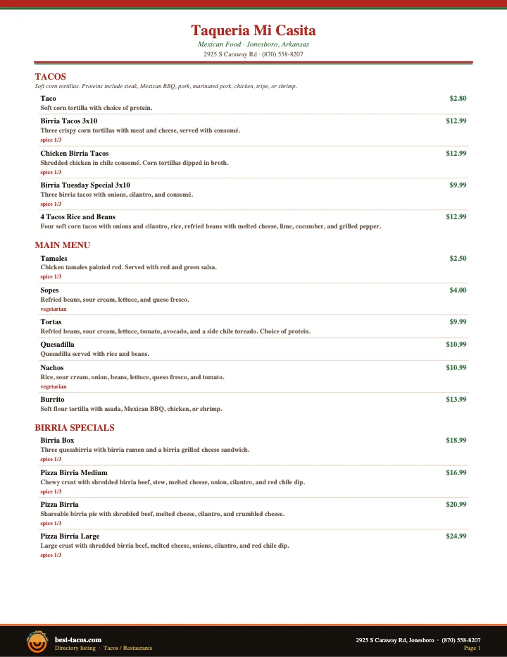 PDF menu of Taqueria Mi Casita Mexican Food in Jonesboro, AR, page 1 of 1