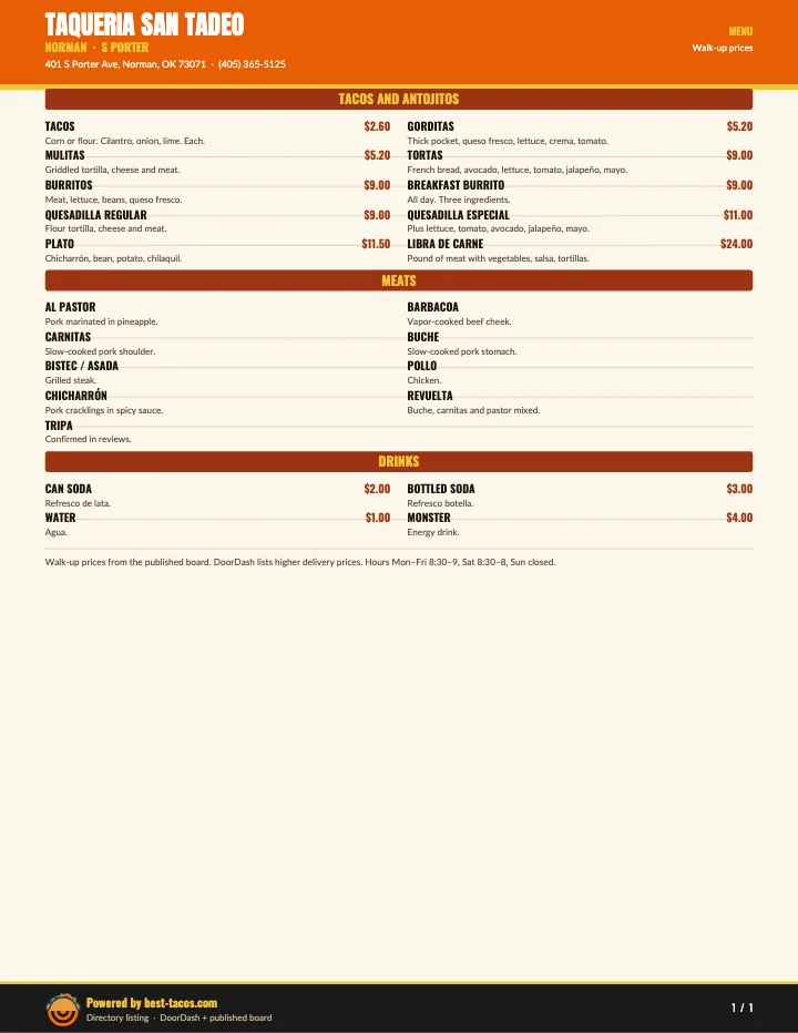 PDF menu of Taqueria San Tadeo in Norman, OK, page 1 of 1