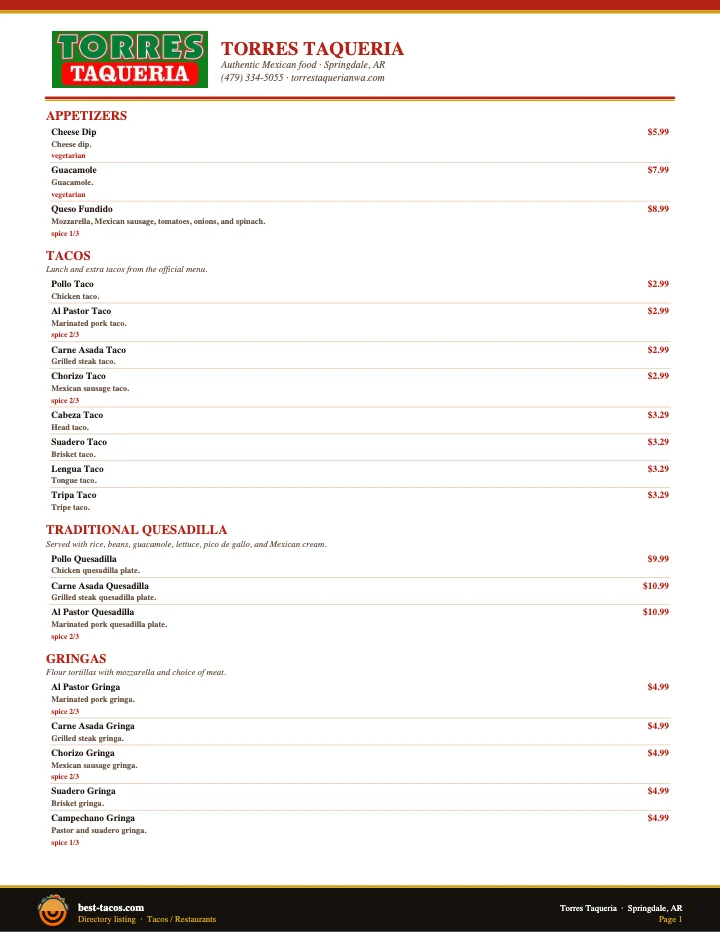 PDF menu of Torres Taqueria in Springdale, AR, page 1 of 1