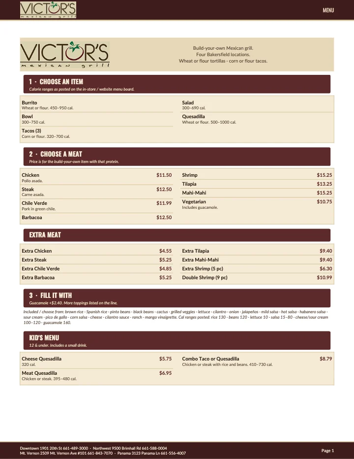PDF menu of Victor's Mexican Grill - Mt. Vernon in Bakersfield, CA, page 1 of 1