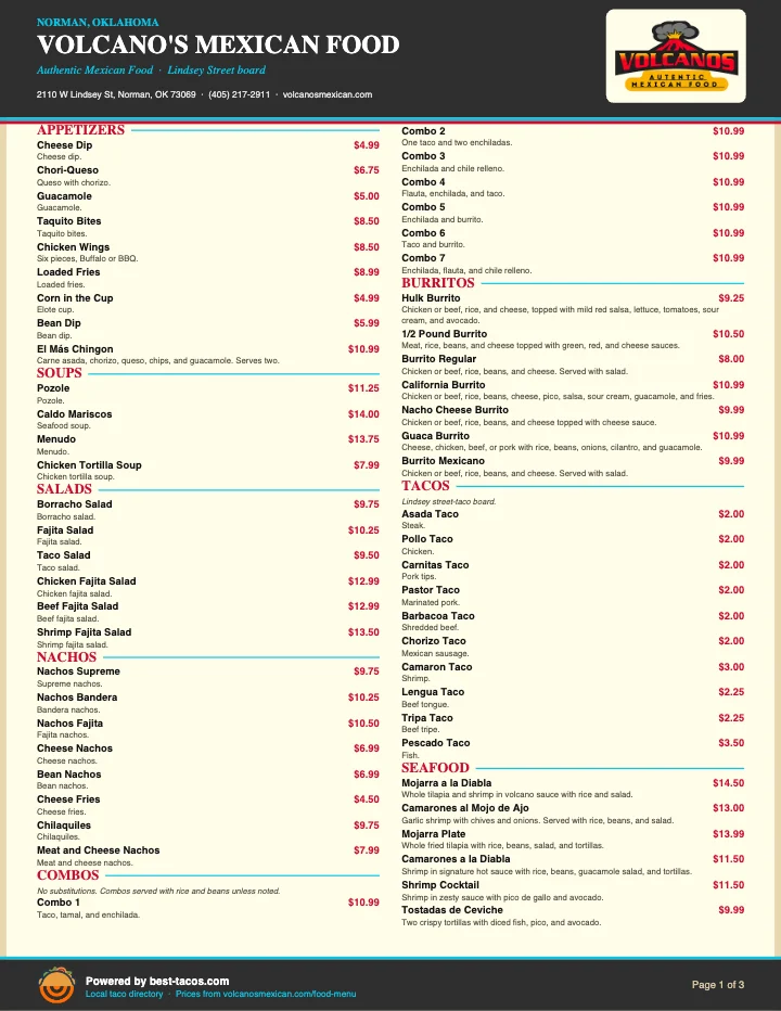 PDF menu of Volcano's Mexican Food in Norman, OK, page 1 of 1
