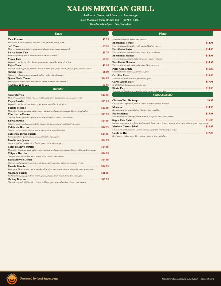 PDF menu of Xalos Mexican Grill in Anchorage, AK, page 1 of 1
