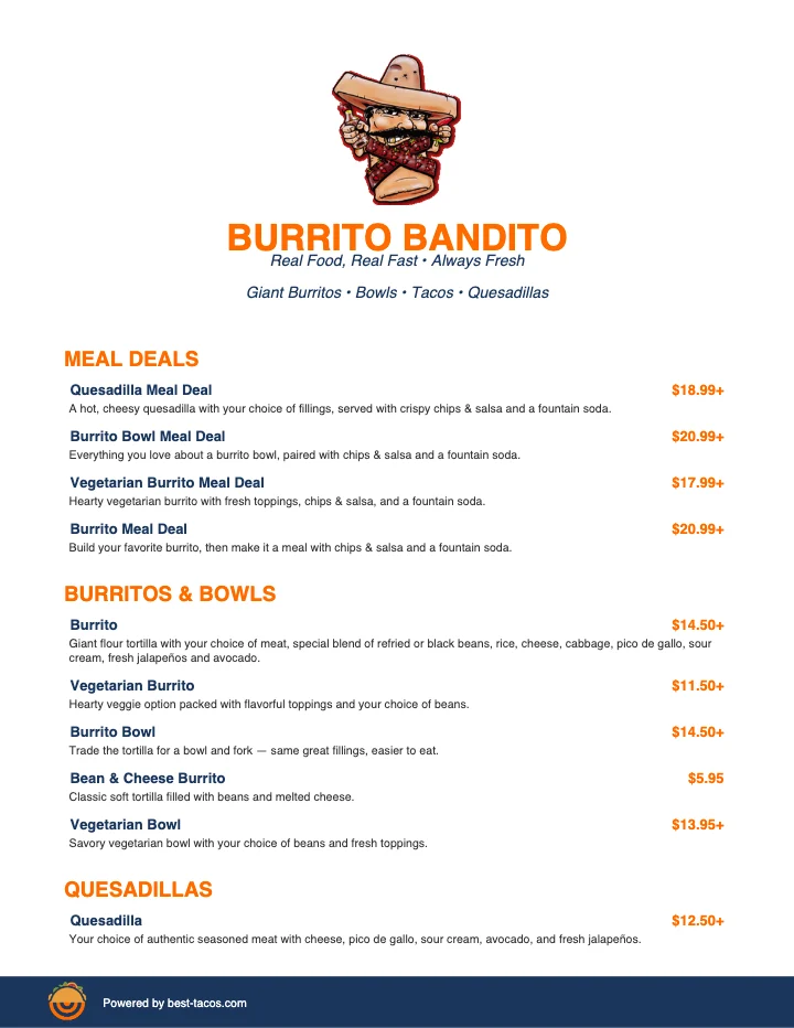 PDF menu of Burrito Bandito — Chico in Chico, CA, page 1 of 1