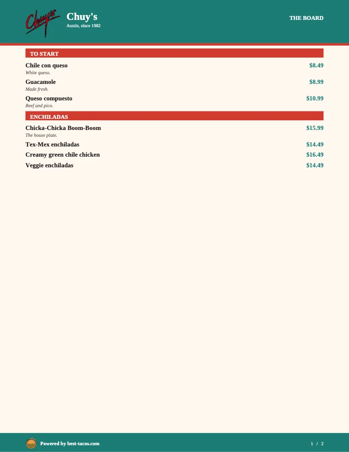 PDF menu of Chuy's - Tuscaloosa in Tuscaloosa, AL, page 1 of 1