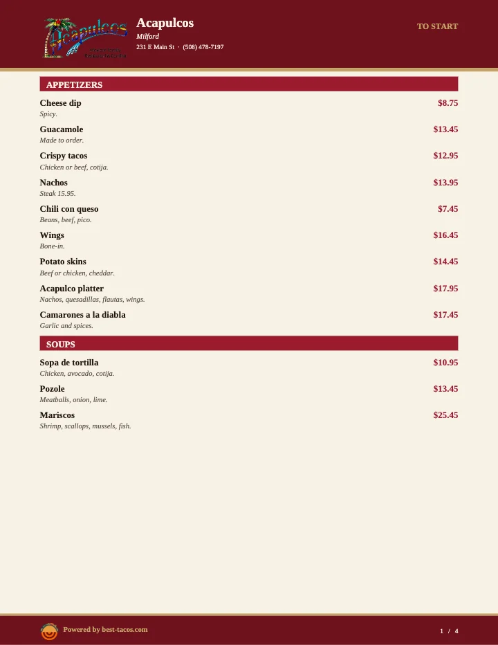 PDF menu of Acapulcos Mexican Family Restaurant & Cantina — Enfield in Enfield, CT, page 1 of 1