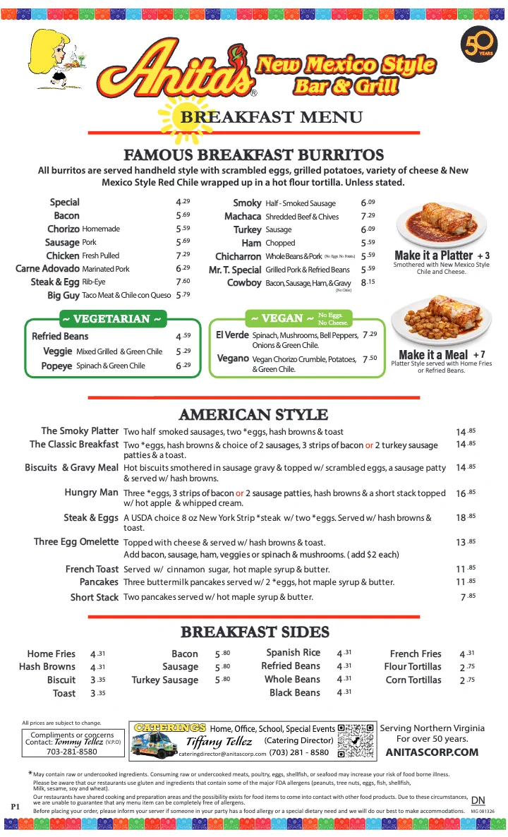 PDF menu of Anita's New Mexico Style Mexican Food — Ashburn in Ashburn, VA, page 1 of 5