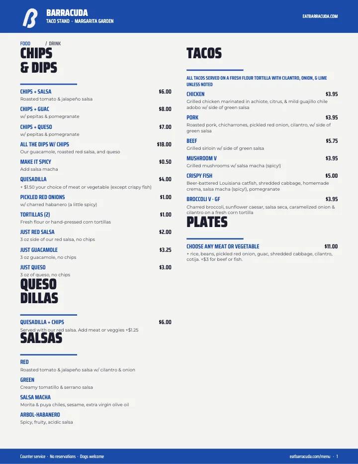 PDF menu of Barracuda Taco Stand — Baton Rouge in Baton Rouge, LA, page 1 of 1