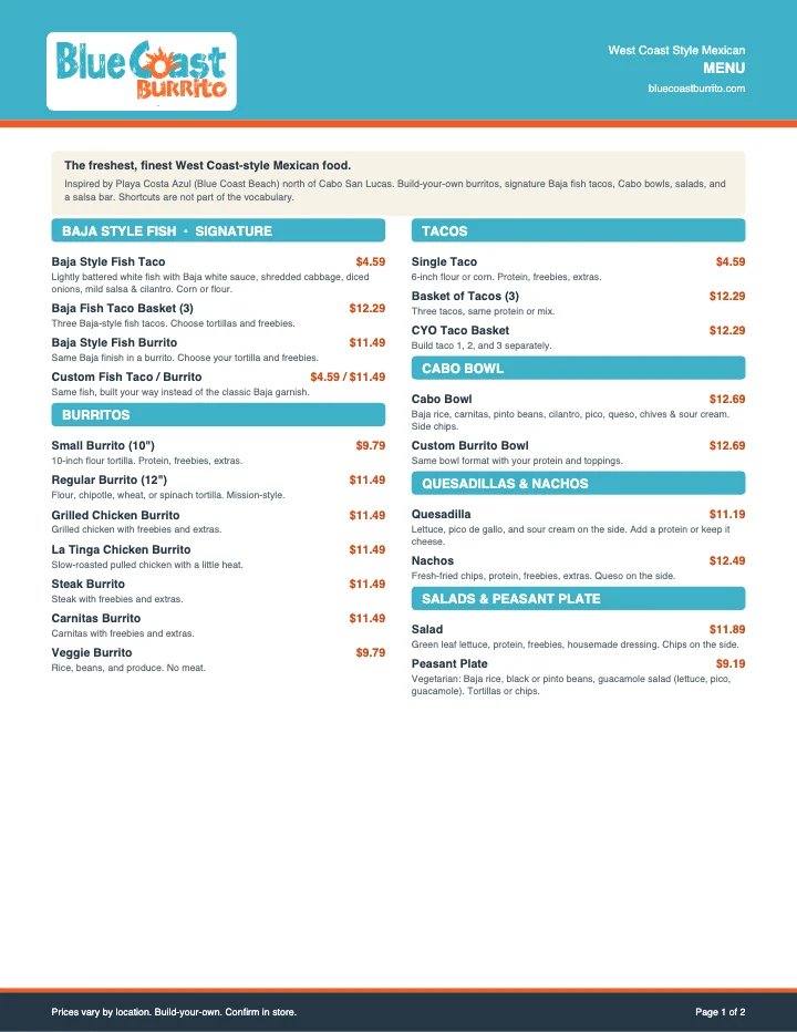 PDF menu of Blue Coast Burrito — North Little Rock in North Little Rock, AR, page 1 of 1