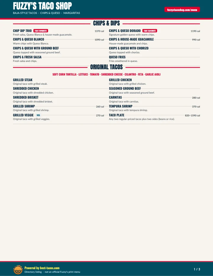 PDF menu of Fuzzy's Taco Shop — Greeley, CO in Greeley, CO, page 1 of 1