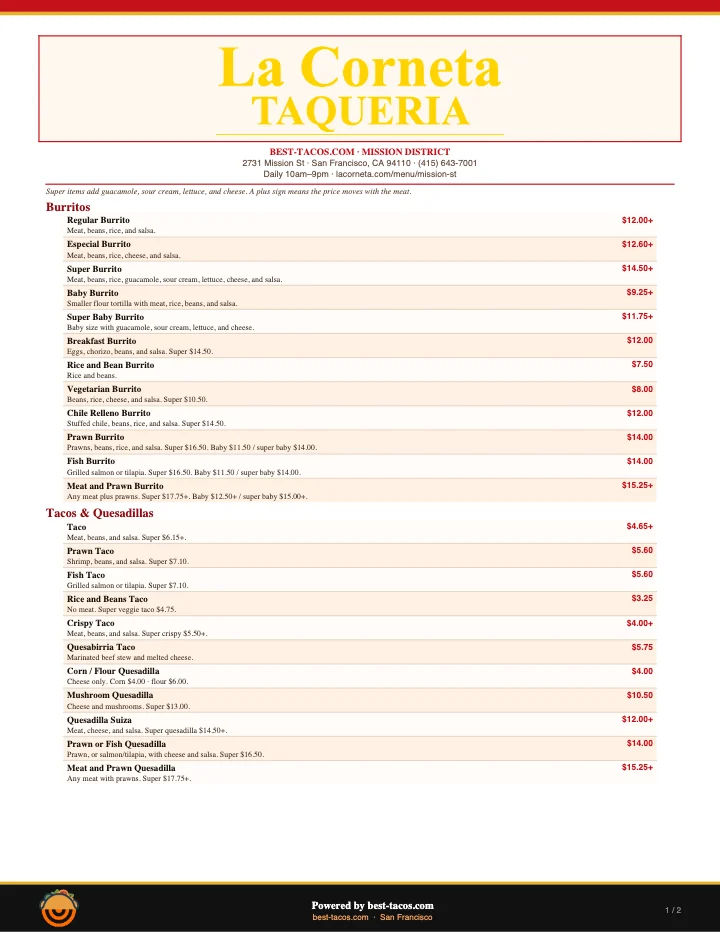 PDF menu of La Corneta Taqueria — Mission St in San Francisco, CA, page 1 of 1
