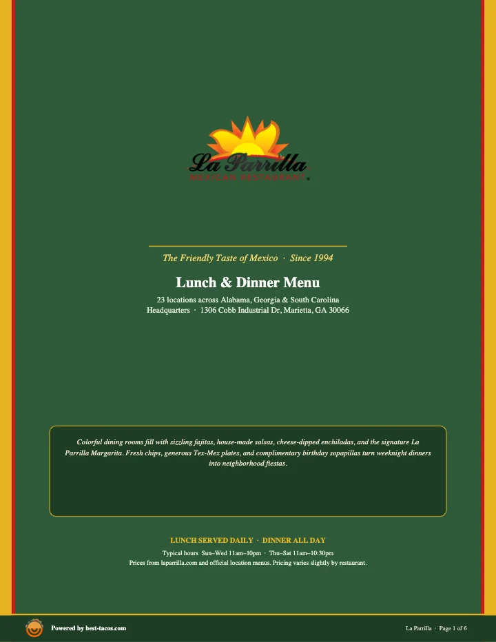 PDF menu of La Parrilla — Pooler in Pooler, GA, page 1 of 1