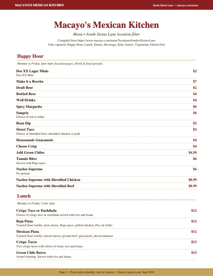 PDF menu of Macayo's Mexican Food — Chandler in Chandler, AZ, page 1 of 1