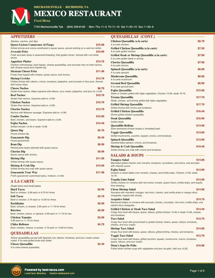 PDF menu of Mexico Restaurant — Short Pump in Richmond, VA, page 1 of 1