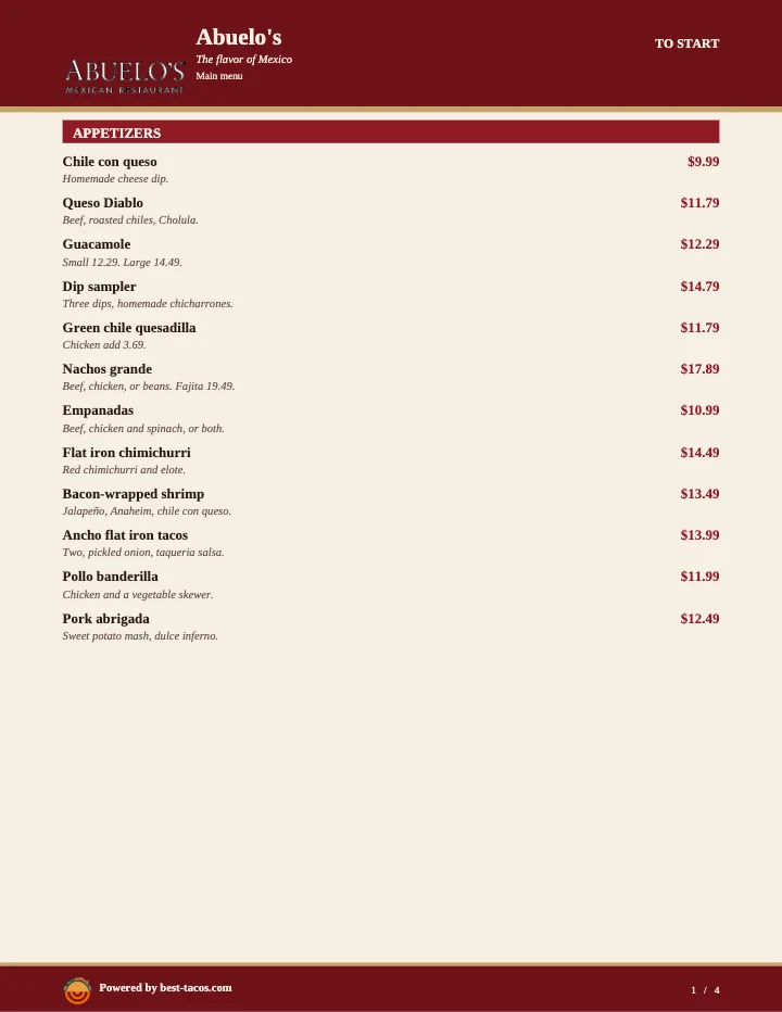 PDF menu of Abuelo's Mexican Restaurant in Wichita, KS, page 1 of 1