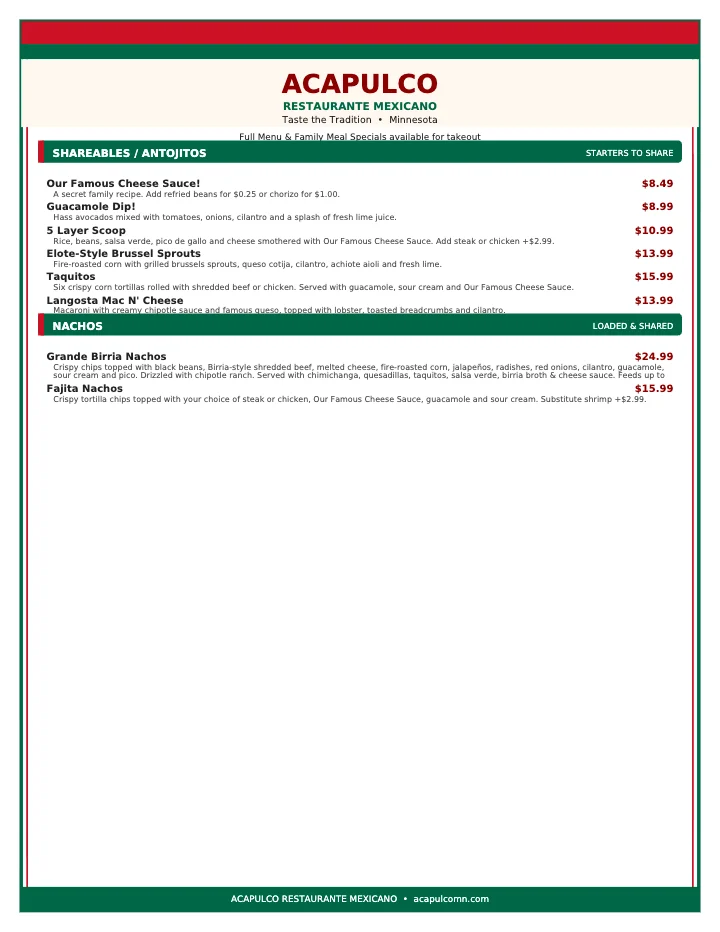 PDF menu of Acapulco Mexican Restaurant - Ham Lake in Ham Lake, MN, page 1 of 1