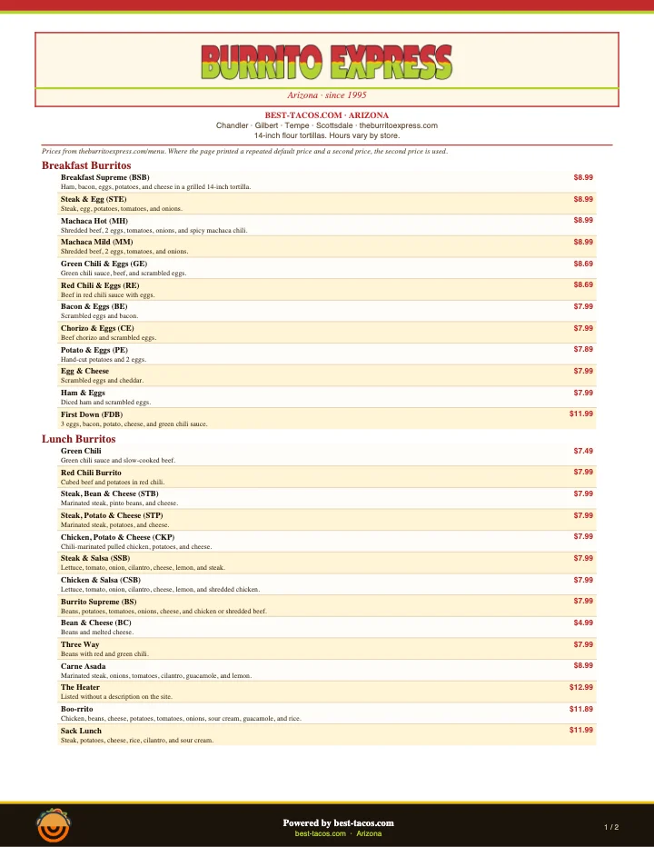 PDF menu of Burrito Express in Tempe, AZ, page 1 of 1