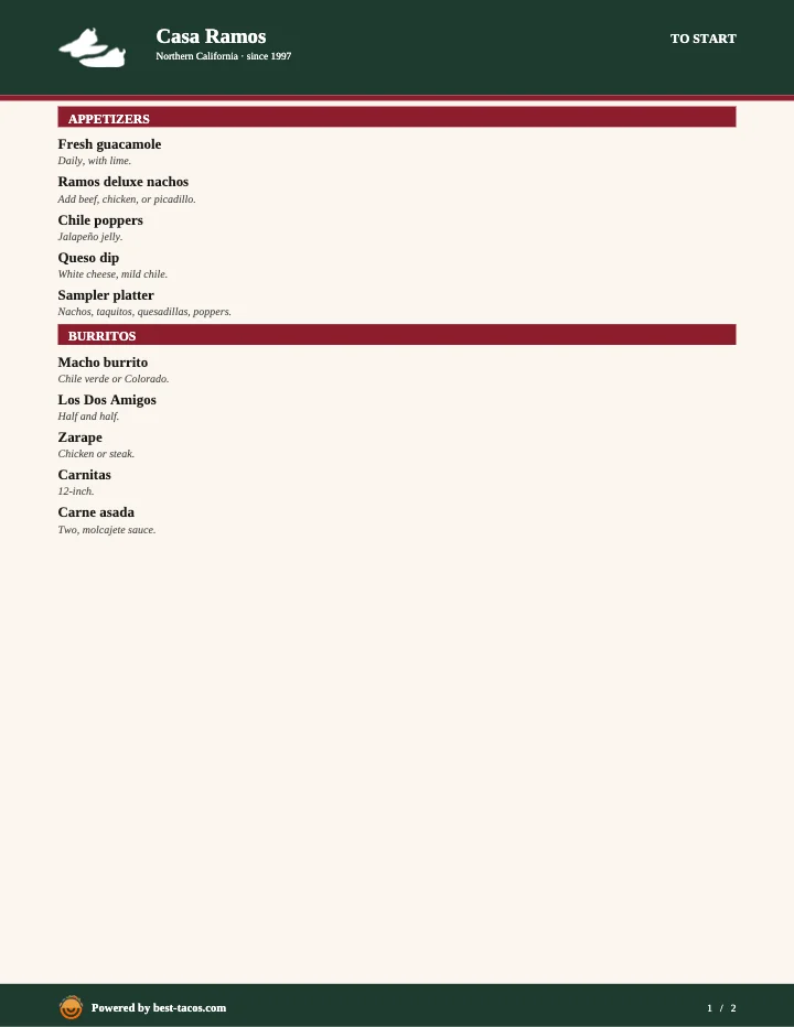 PDF menu of Casa Ramos — Rancho Cordova in Rancho Cordova, CA, page 1 of 1