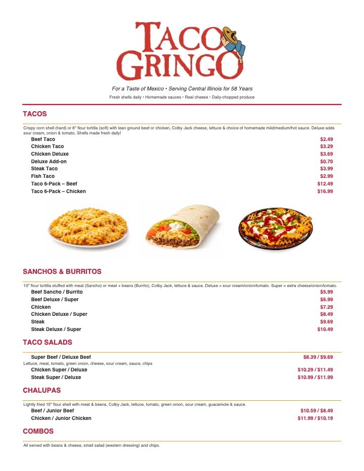PDF menu of Taco Gringo Taylorville in Taylorville, IL, page 1 of 1