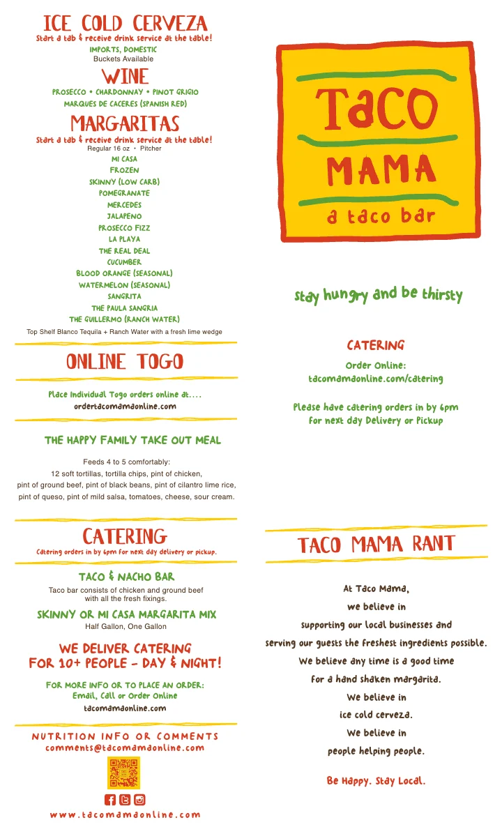 PDF menu of Taco Mama — Auburn in Auburn, AL, page 1 of 1