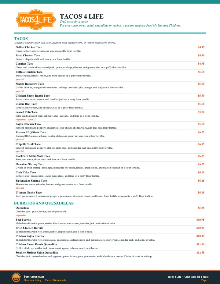 PDF menu of Tacos 4 Life — O'Fallon in O'Fallon, MO, page 1 of 1