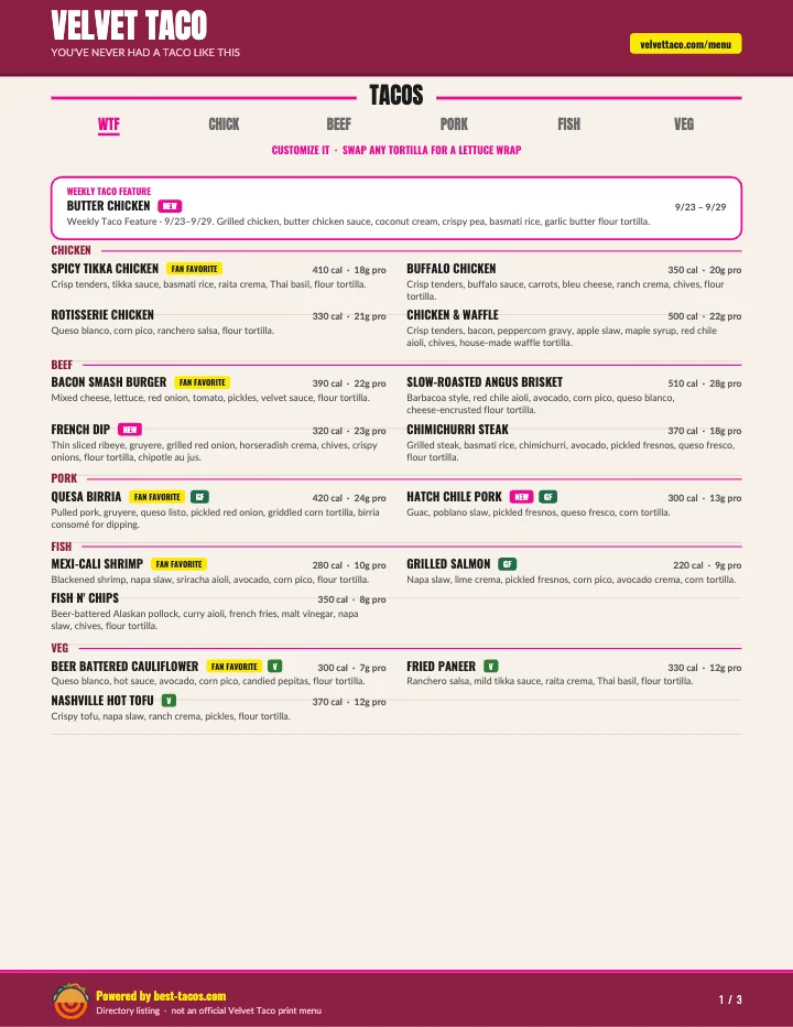 PDF menu of Velvet Taco — Wicker Park in Chicago, IL, page 1 of 1