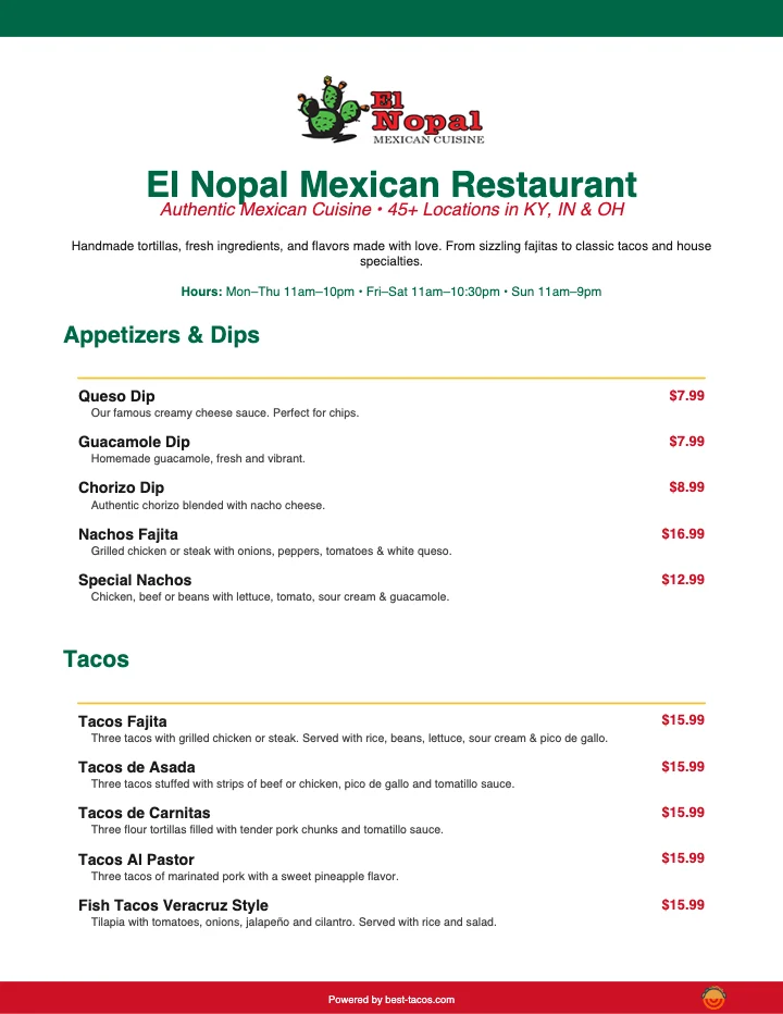 PDF menu of El Nopal W Jonathan Moore in Columbus, IN, page 1 of 1