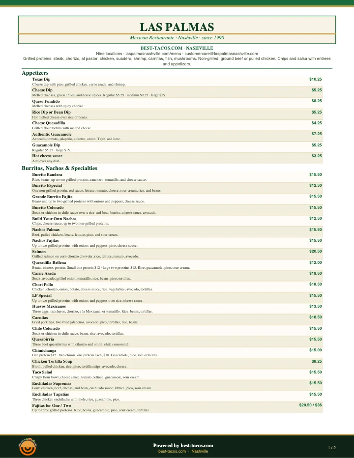 PDF menu of Las Palmas — Charlotte Pike in Nashville, TN, page 1 of 1