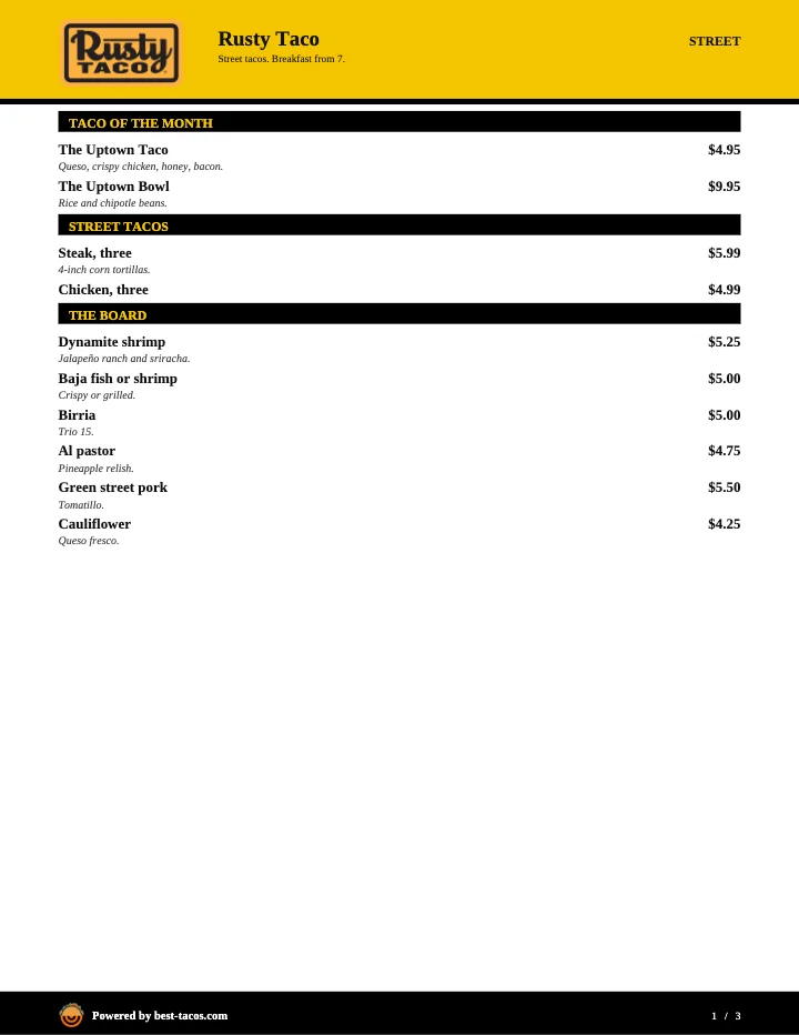 PDF menu of Rusty Taco — Northeast Minneapolis in Minneapolis, MN, page 1 of 1