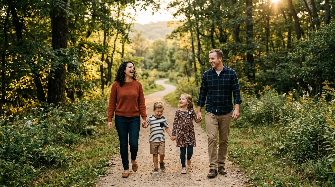 A smiling family taking a joyful walk together outdoors